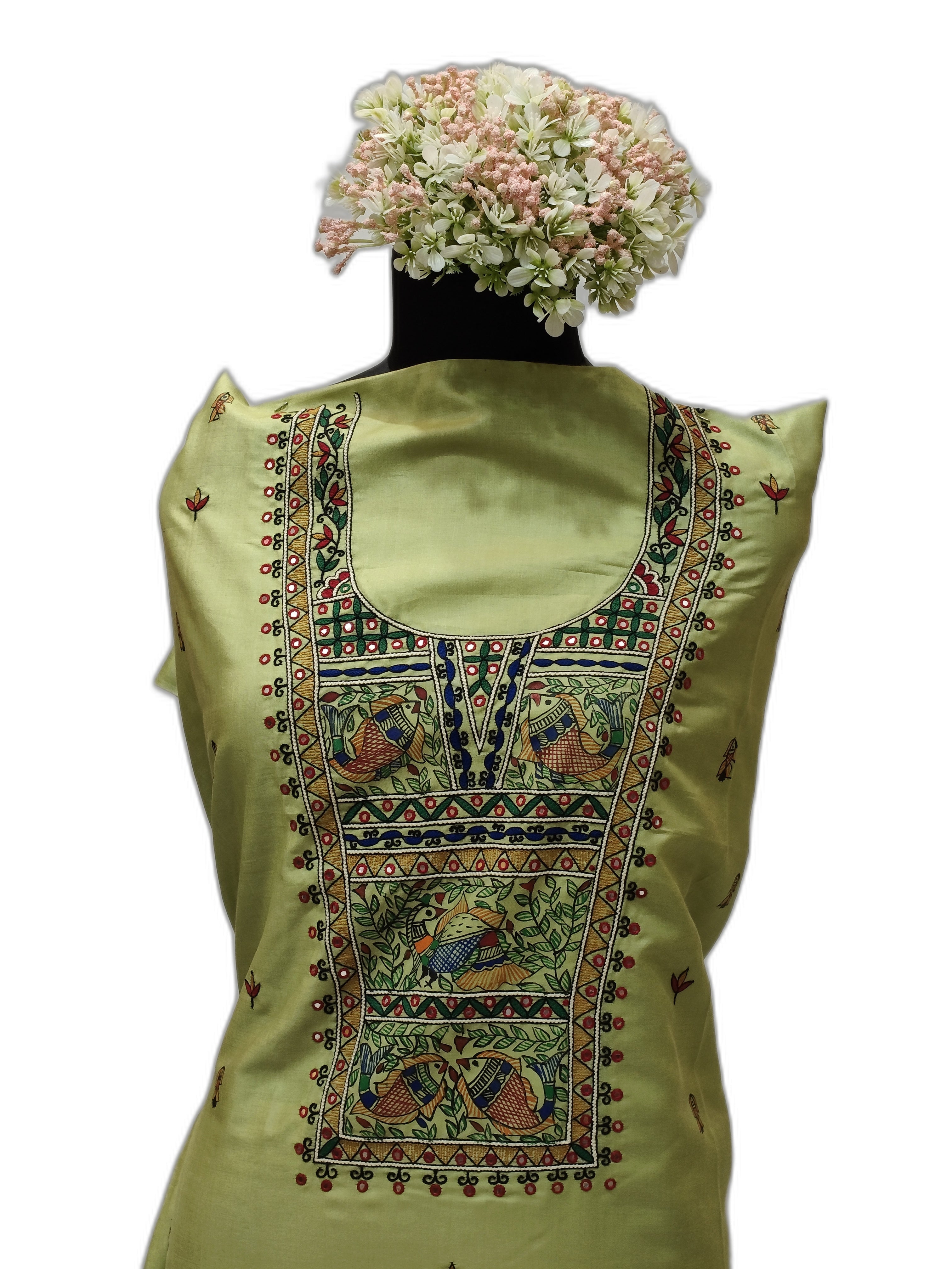 Hand-Painted & Hand Embroidery (AARI WORK) Madhubani Unstitched Kurti – Green Cotton Silk